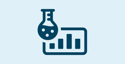 Symbolic image of research with stylized laboratory flask and bar chart
