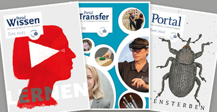 Die Cover der Universitätsmagazine: Portal Wissen, Portal Transfer und Portal