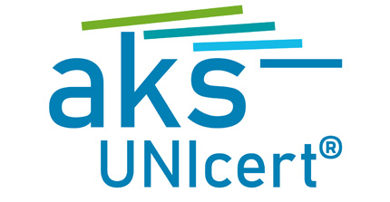 Farbige Balken, darunter die Buchstaben aks sowie das Wort UNIcert